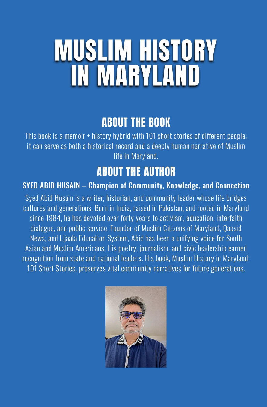 Back cover of Muslim History in Maryland, carrying the author's description of the book