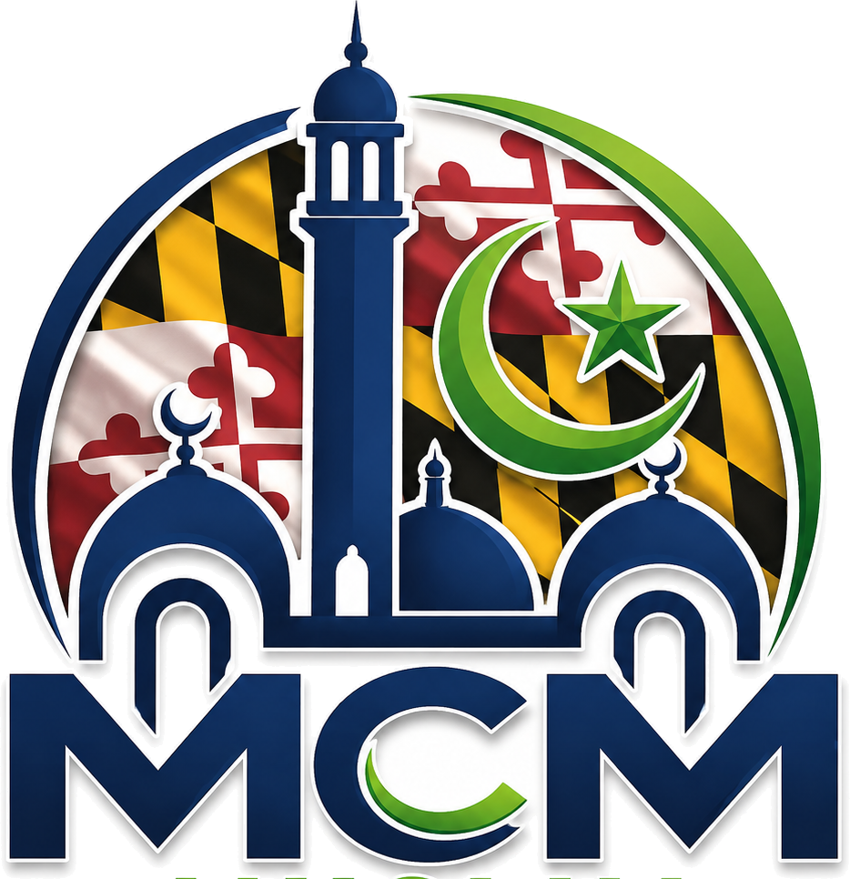 Muslim Citizens of Maryland emblem: a mosque dome and minaret against the Maryland flag, with a crescent and star, above the letters MCM