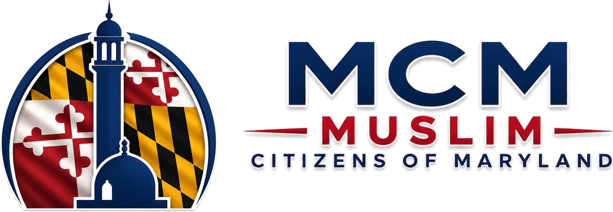 Muslim Citizens of Maryland: an arched emblem showing a minaret and dome against the Maryland flag, beside the letters MCM and the organisation name